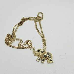 Elephant Gold Tone Black Rhinestone 16" Necklace